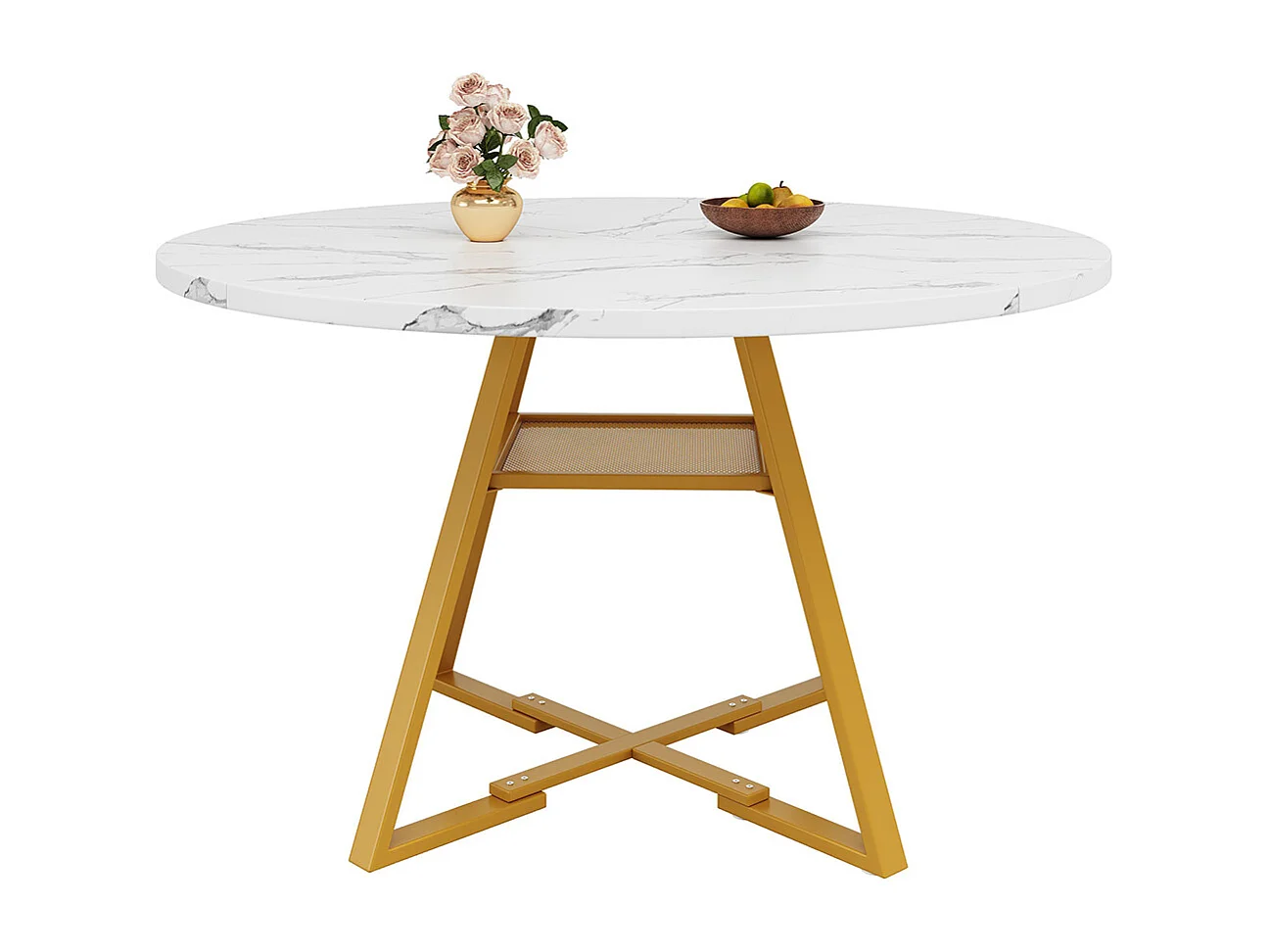 Ronde eettafel (1 stuk), metalen poten, marmerlook, wit