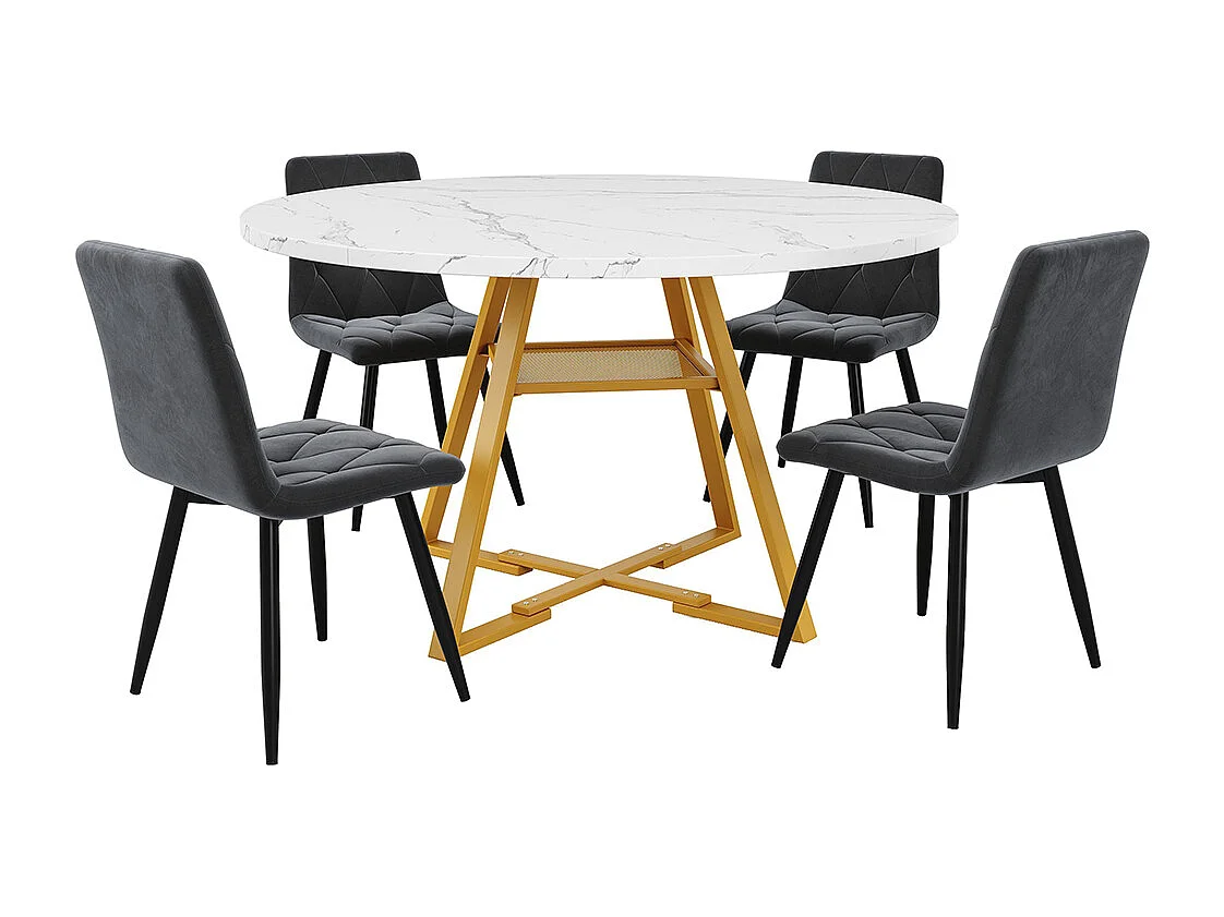 Ronde eettafel (1 stuk), metalen poten, marmerlook, wit