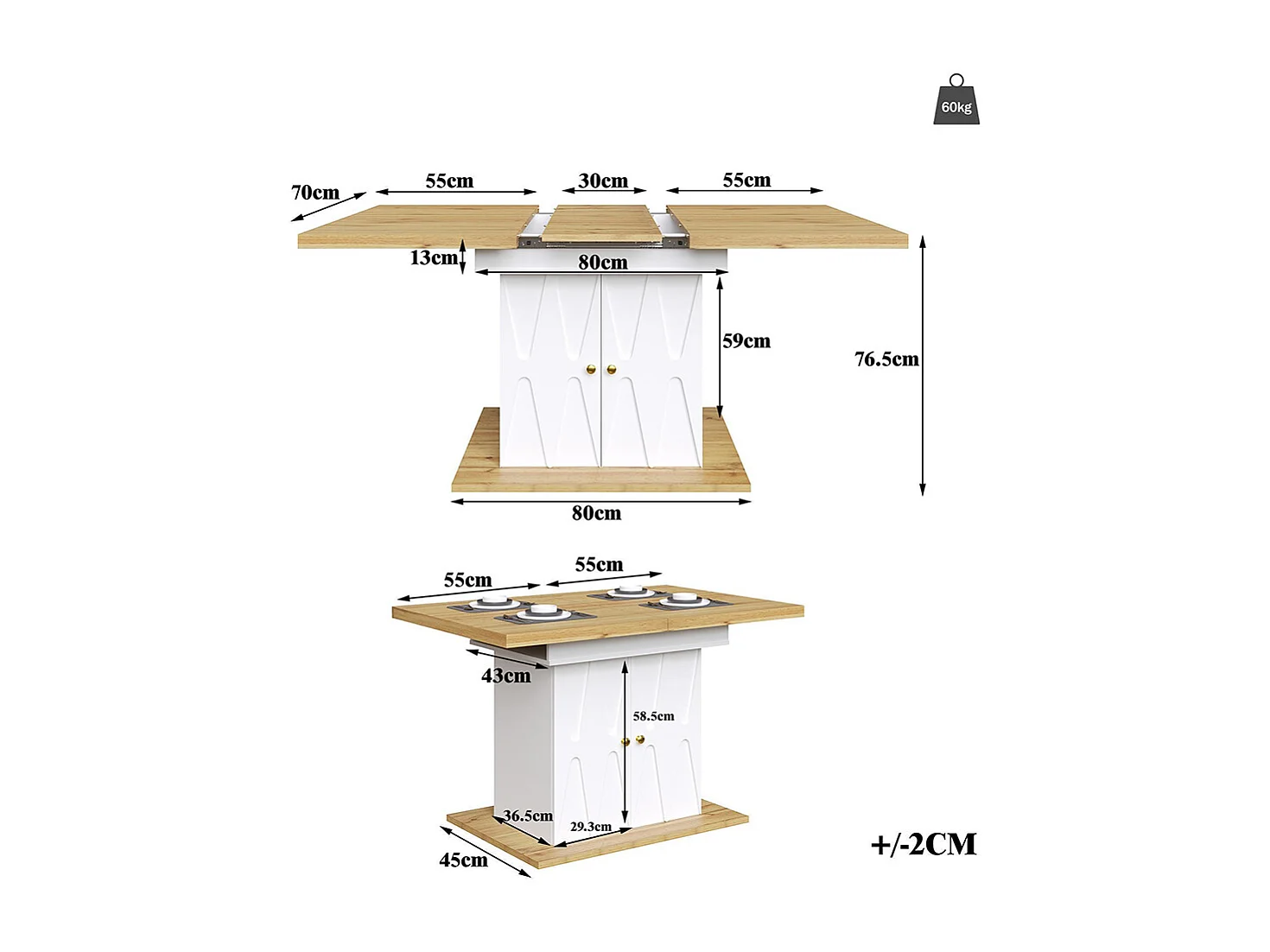 Tavolo da pranzo, telescopico, con motivo in rilievo, 110(140)x70x76,5 cm, con impiallacciatura in legno, bianco