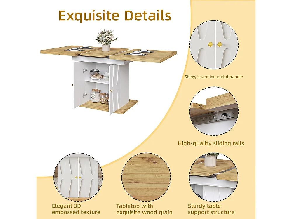 Tavolo da pranzo, telescopico, con motivo in rilievo, 110(140)x70x76,5 cm, con impiallacciatura in legno, bianco