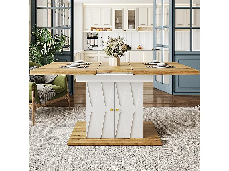 Tavolo da pranzo, telescopico, con motivo in rilievo, 110(140)x70x76,5 cm, con impiallacciatura in legno, bianco