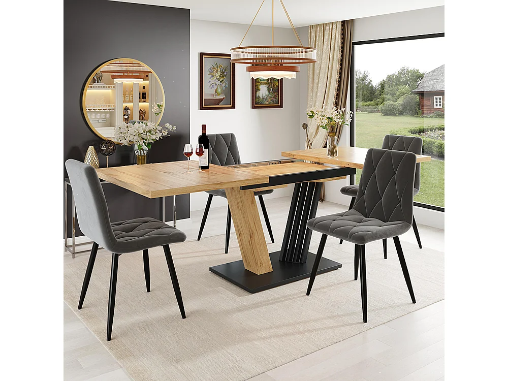 Table à rallonge avec plateau en marbre, table de cuisine avec plateau extensible et cadre de table papillon, Couleur bois