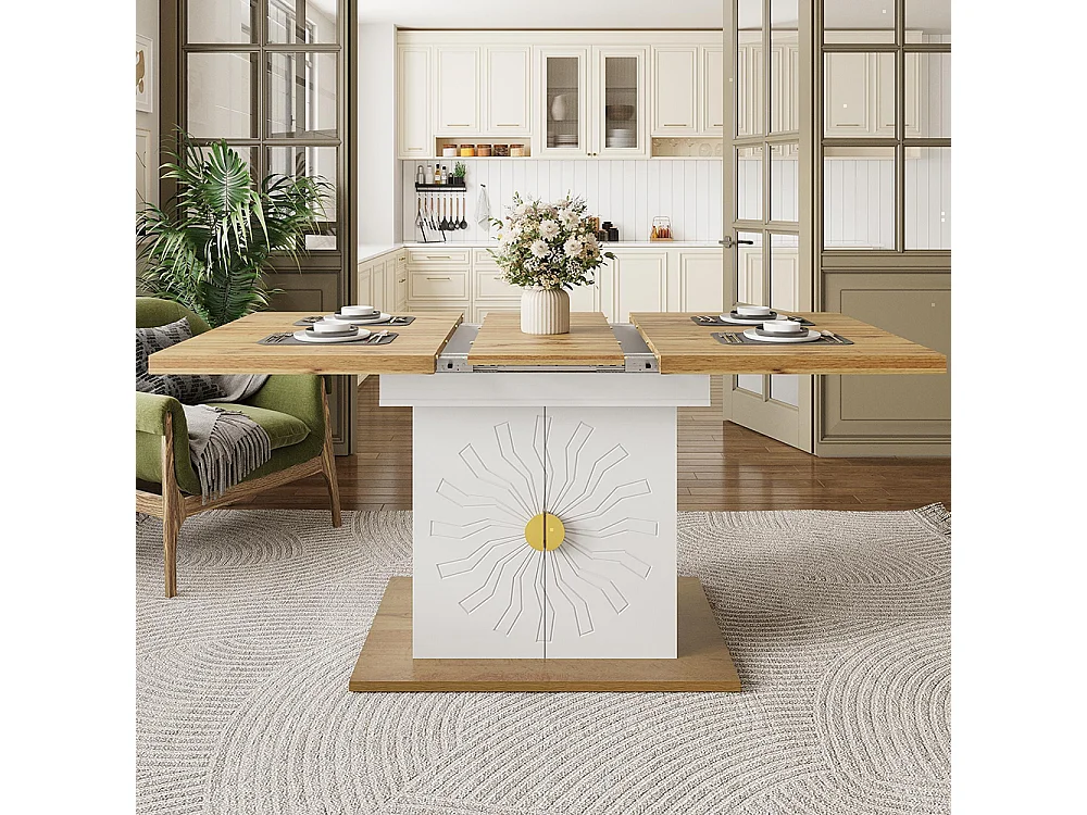 Table à rallonge pour la salle à manger, la cuisine et le salon, 110 (140) x 70 x 76 cm, placage bois avec relief, blanc