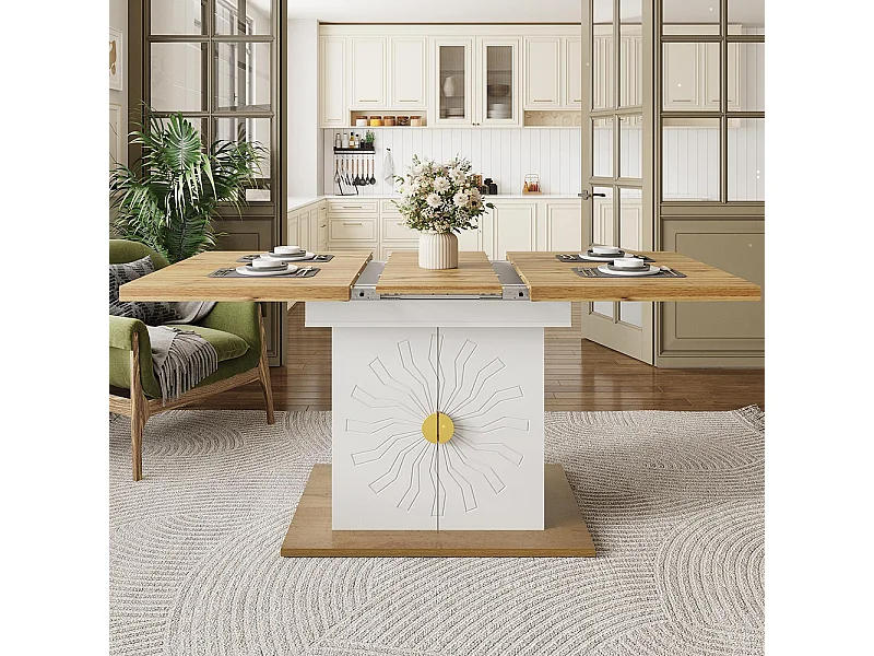 Table à rallonge pour la salle à manger, la cuisine et le salon, 110 (140) x 70 x 76 cm, placage bois avec relief, blanc