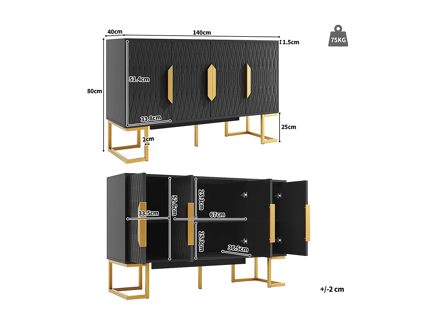Aparador 140x40x80 cm, estilo contemporâneo, com quatro portas e duas prateleiras ajustáveis em altura, preto