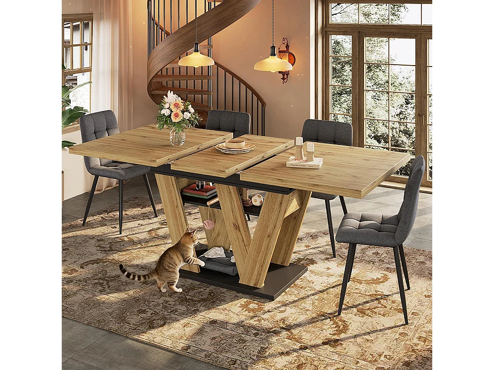 Uitschuifbare tafel (119–158,5 × 80 cm), tafel, keukentafel, uitschuifbare tafel, met W-vormige poten, houten afwerking