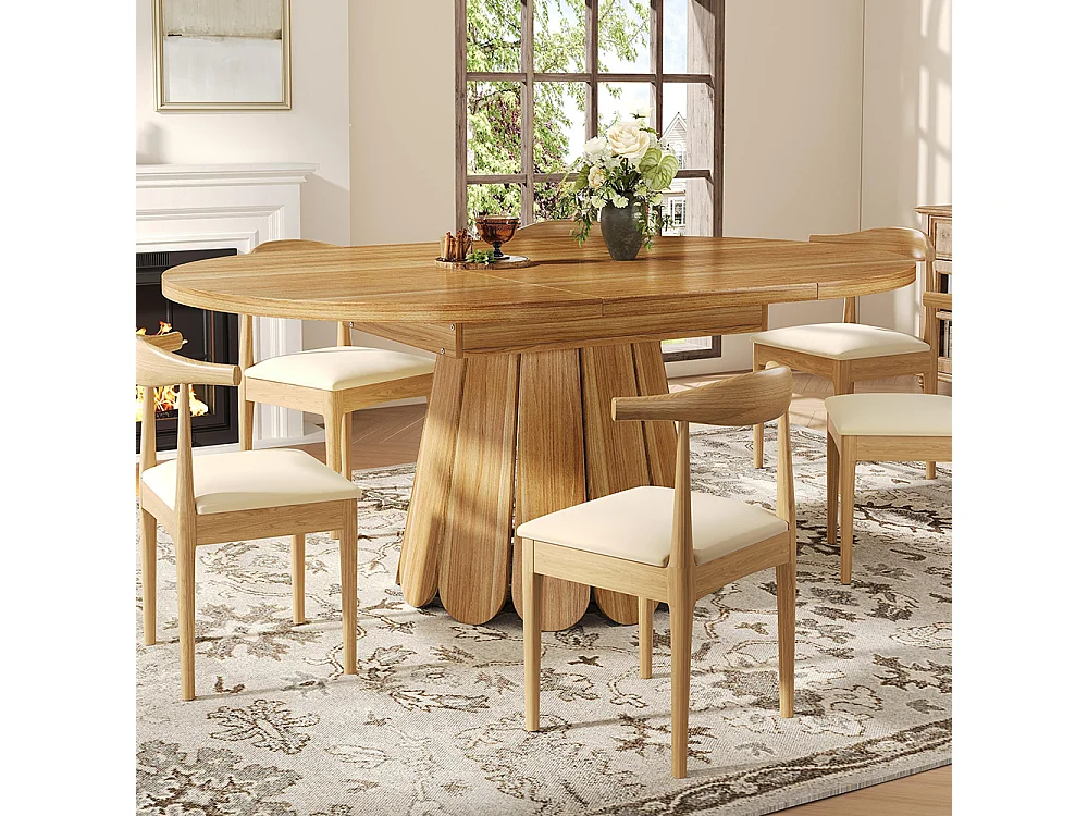 Table de salle à manger à rallonge, bois, Table de salle à manger ronde, se rallonge en forme ovale, 118-158 cm, marron