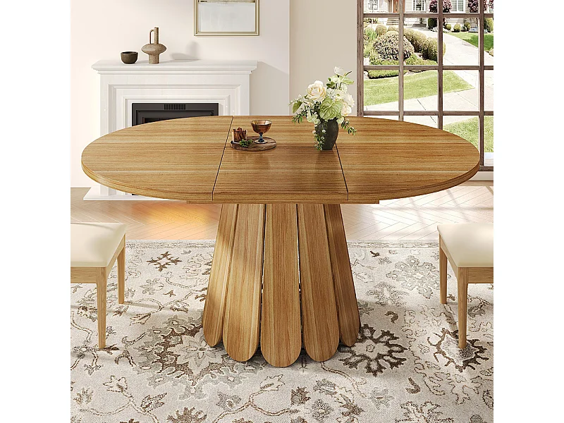 Table de salle à manger à rallonge, bois, Table de salle à manger ronde, se rallonge en forme ovale, 118-158 cm, marron
