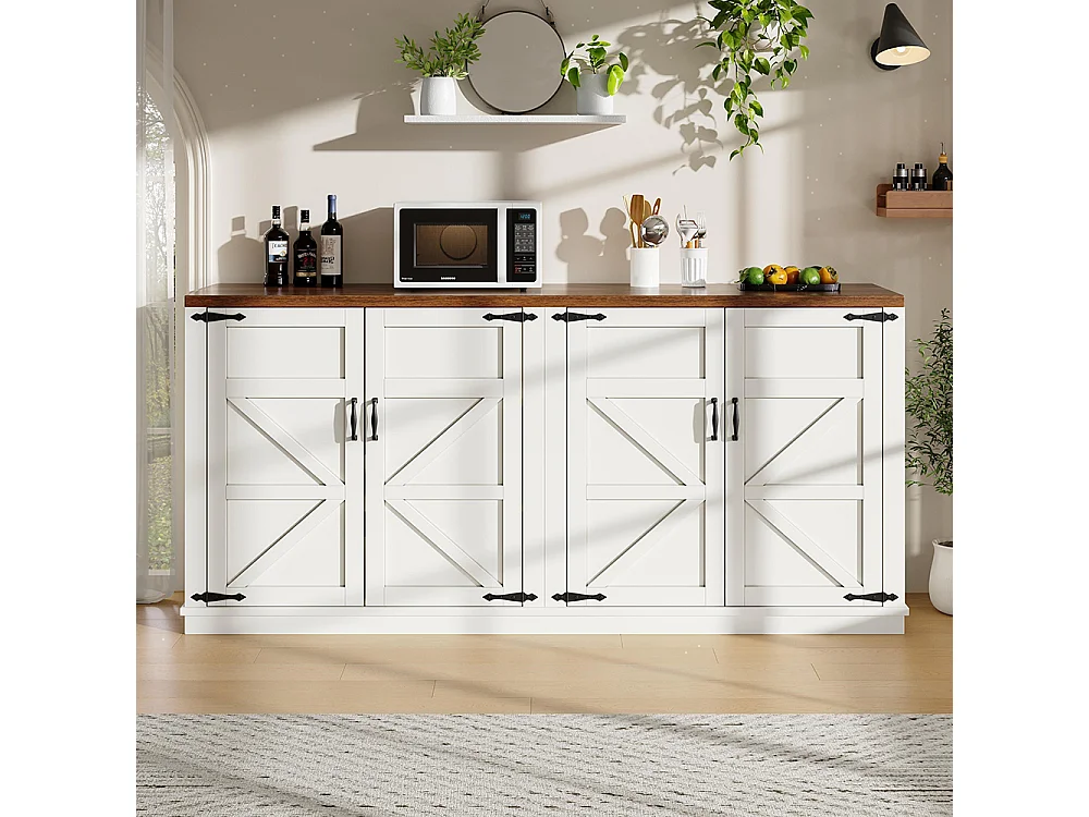 Credenza 160 x 40 x 85 cm, stile rustico, due ripiani regolabili in altezza, bianco