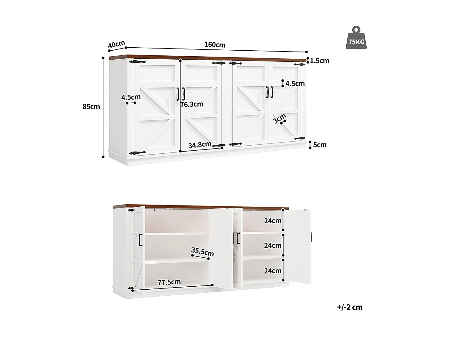 Credenza 160 x 40 x 85 cm, stile rustico, due ripiani regolabili in altezza, bianco