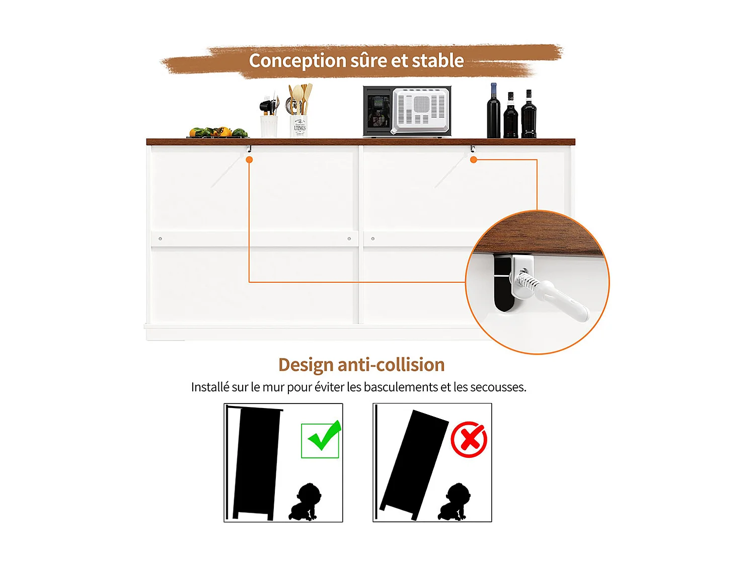 Credenza 160 x 40 x 85 cm, stile rustico, due ripiani regolabili in altezza, bianco