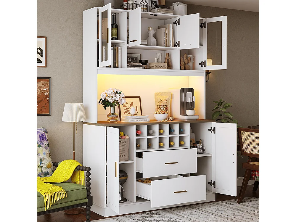 Credenza, armadio contenitore, 120x36,3x180 cm, con illuminazione a LED e prese, sei ante, due grandi cassetti, bianco