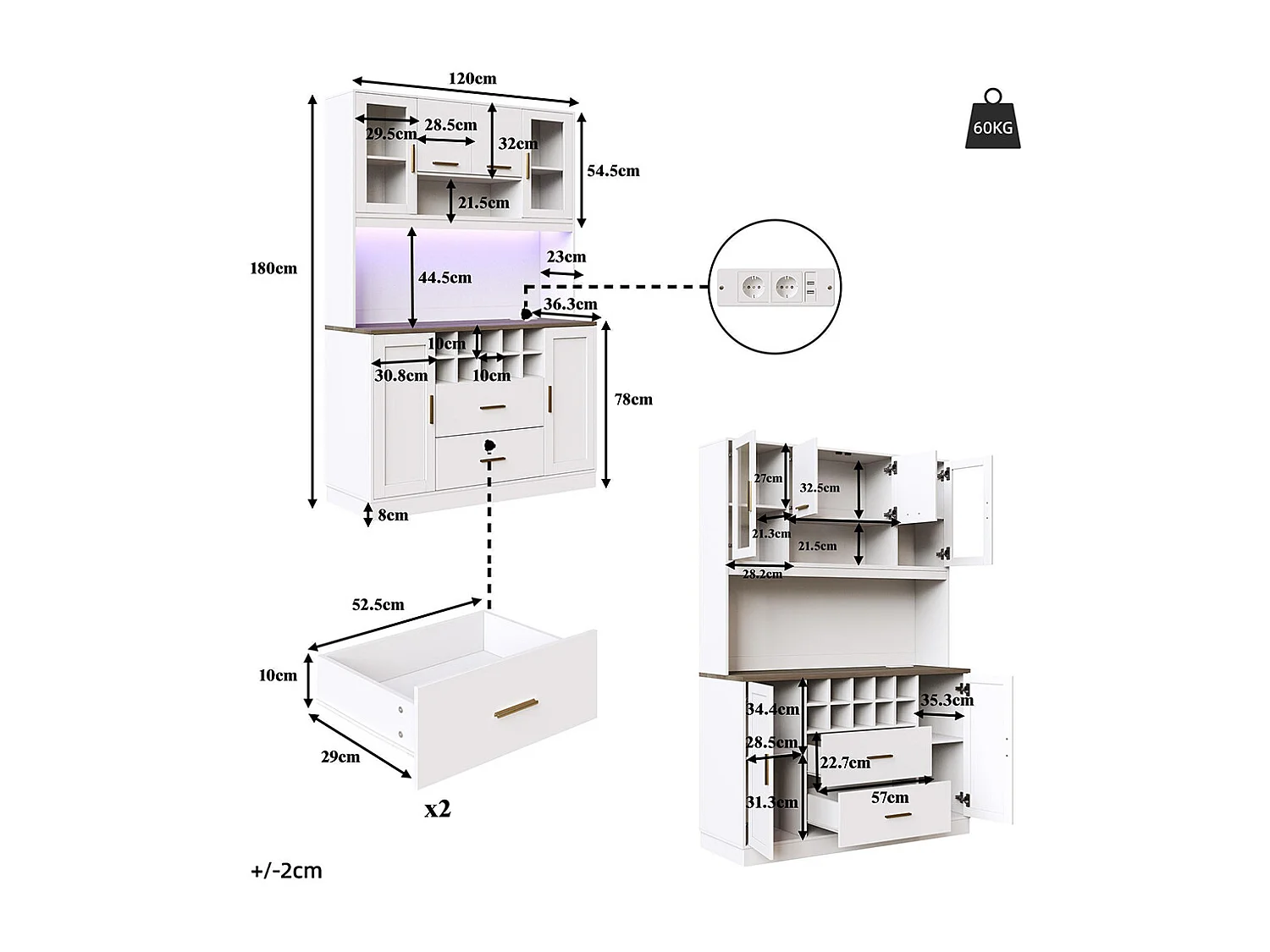 Credenza, armadio contenitore, 120x36,3x180 cm, con illuminazione a LED e prese, sei ante, due grandi cassetti, bianco