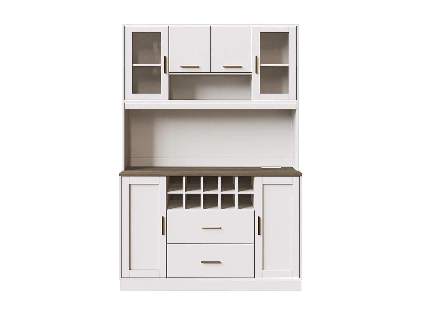 Credenza, armadio contenitore, 120x36,3x180 cm, con illuminazione a LED e prese, sei ante, due grandi cassetti, bianco