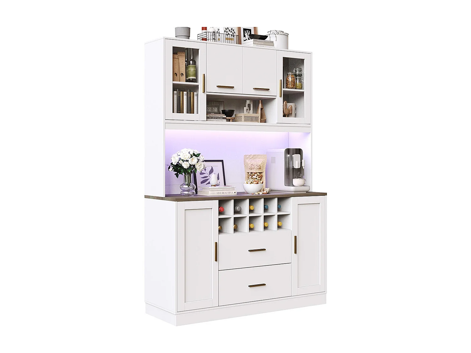 Credenza, armadio contenitore, 120x36,3x180 cm, con illuminazione a LED e prese, sei ante, due grandi cassetti, bianco