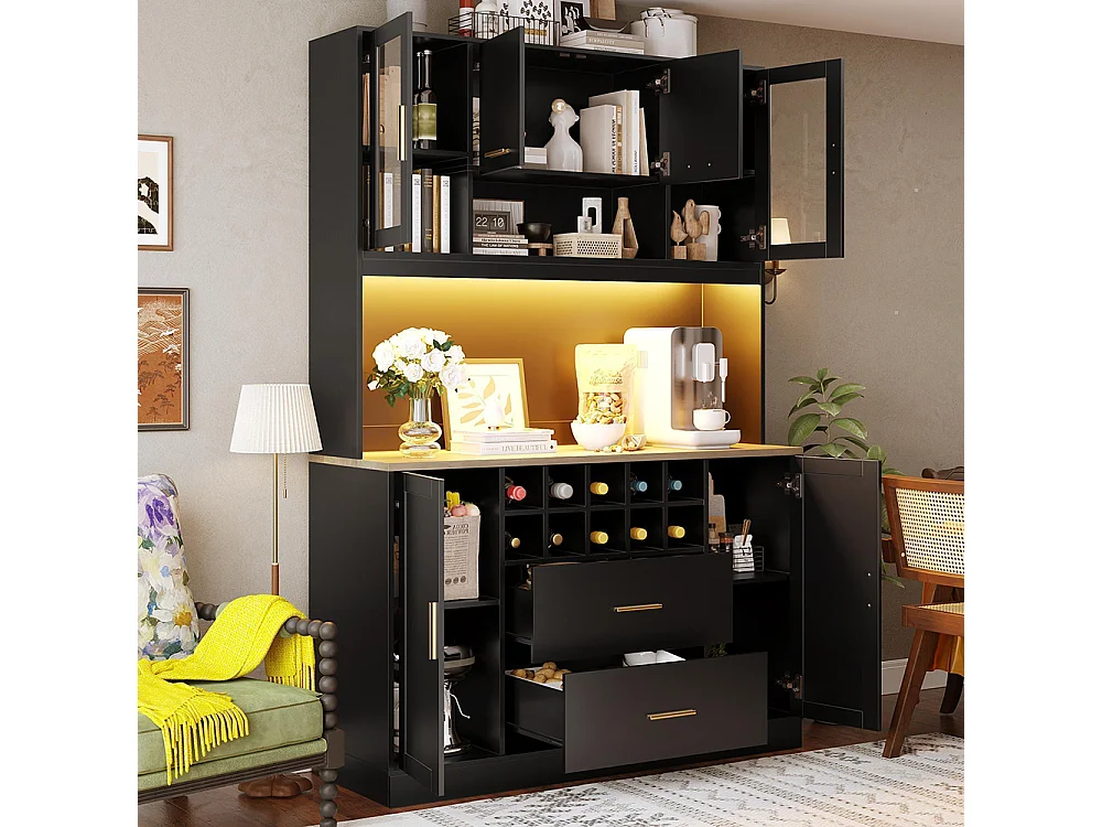 Credenza, armadio contenitore, 120x36,3x180 cm, con illuminazione a LED e prese, sei ante, due grandi cassetti, nero