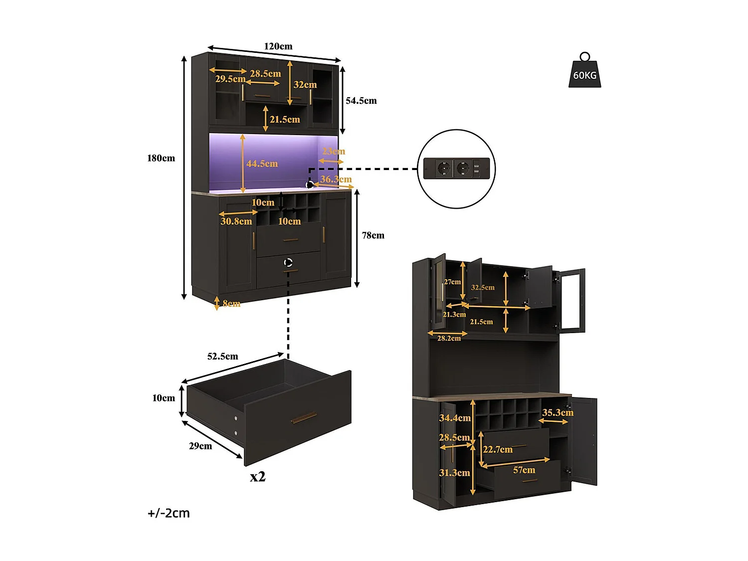 Credenza, armadio contenitore, 120x36,3x180 cm, con illuminazione a LED e prese, sei ante, due grandi cassetti, nero