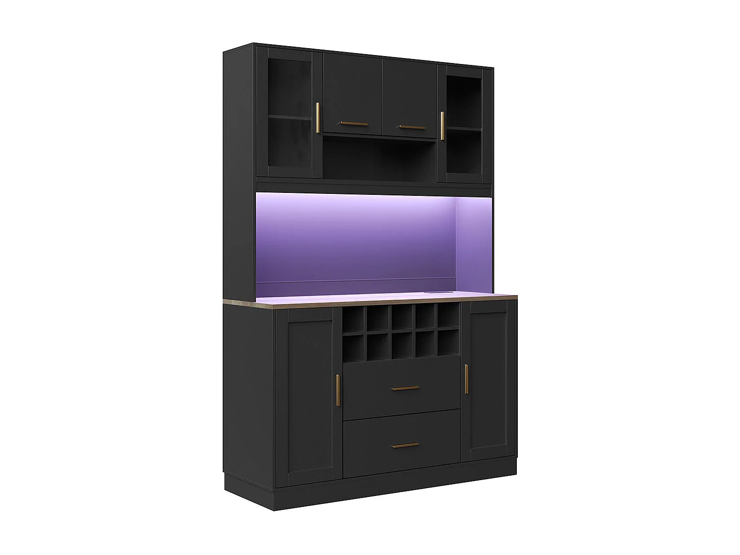 Credenza, armadio contenitore, 120x36,3x180 cm, con illuminazione a LED e prese, sei ante, due grandi cassetti, nero