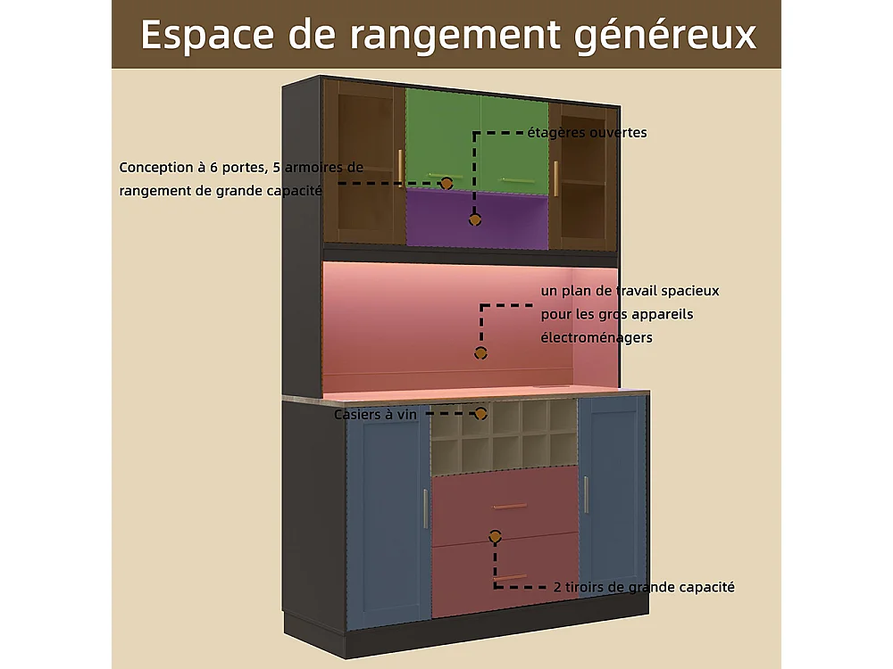 Credenza, armadio contenitore, 120x36,3x180 cm, con illuminazione a LED e prese, sei ante, due grandi cassetti, nero