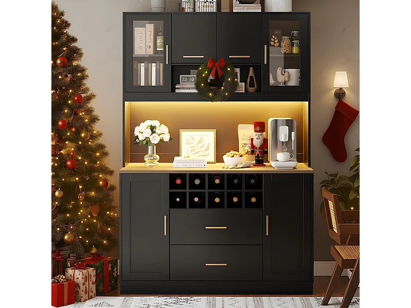 Credenza, armadio contenitore, 120x36,3x180 cm, con illuminazione a LED e prese, sei ante, due grandi cassetti, nero