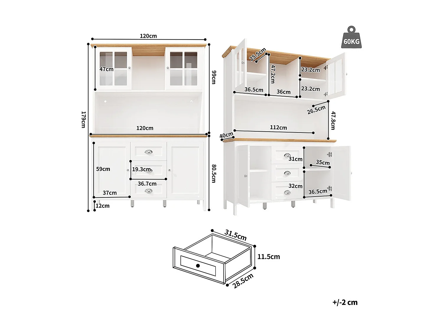 Buffet, armoire haute avec éclairage LED, 120x40x179 cm, 4 portes et 3 tiroirs, blanc