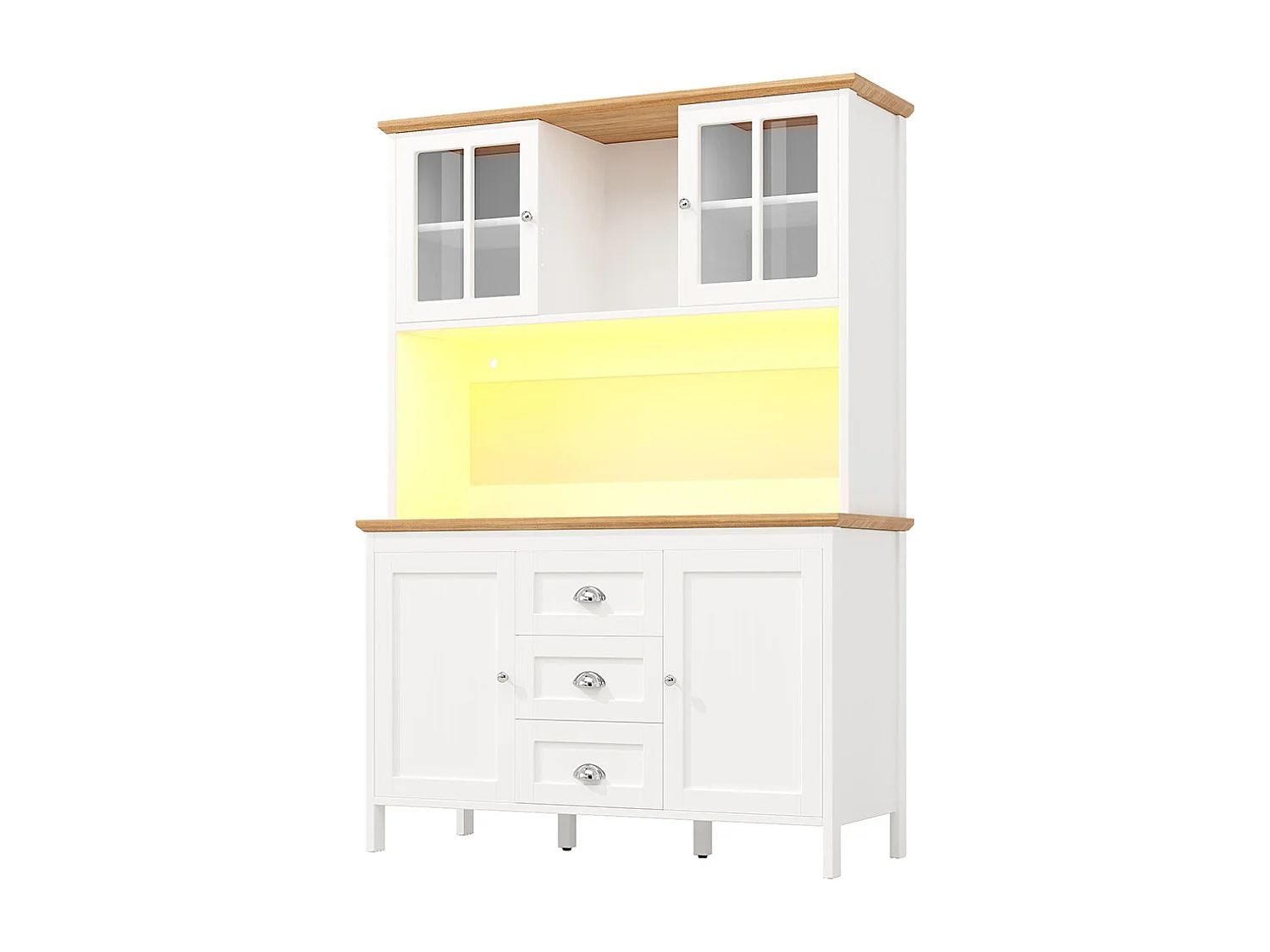 Buffet, armoire haute avec éclairage LED, 120x40x179 cm, 4 portes et 3 tiroirs, blanc