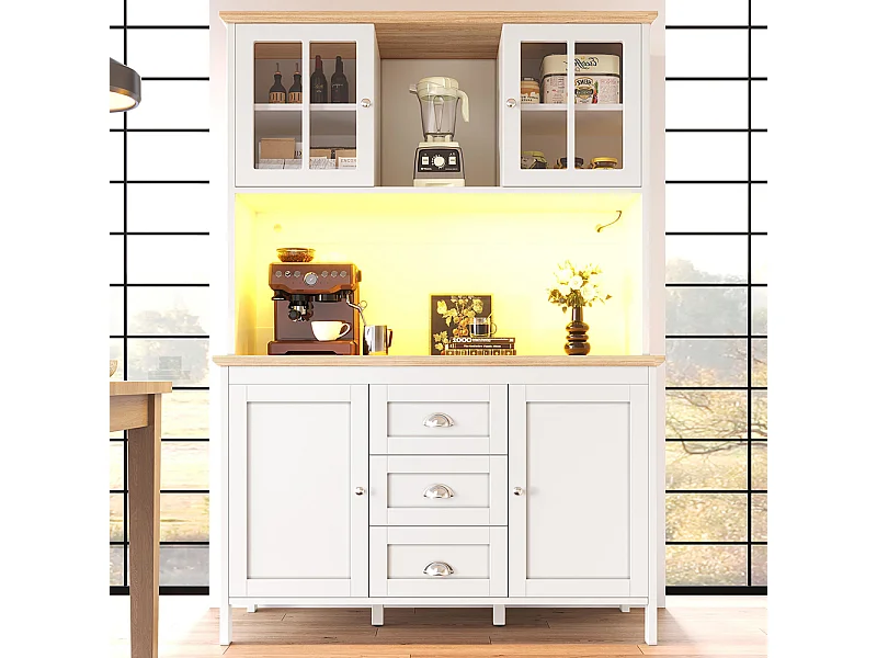 Buffet, armoire haute avec éclairage LED, 120x40x179 cm, 4 portes et 3 tiroirs, blanc
