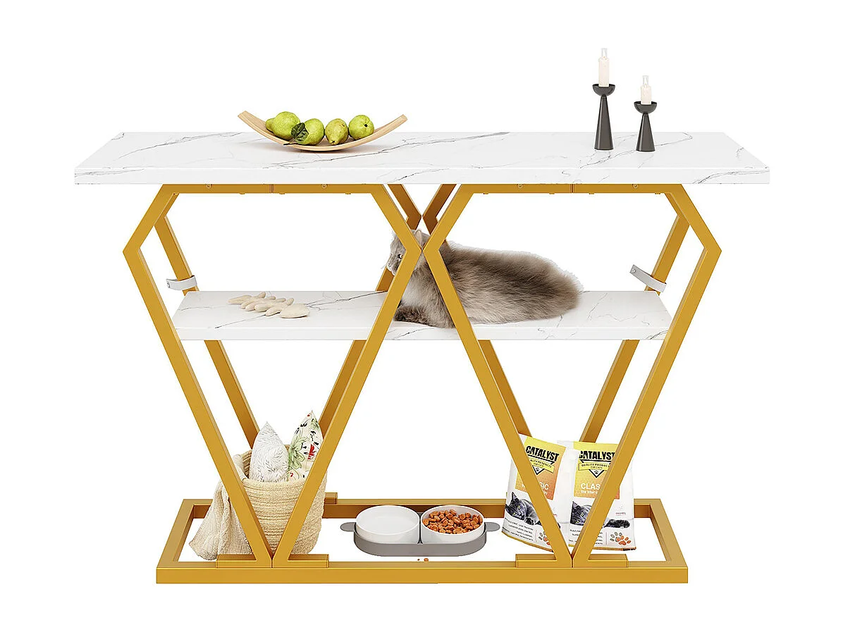 Table d'appoint (1) - 120 x 29,5 x 80 cm - Table de salle à manger, plateau en bois, plateau en marbre, blanc