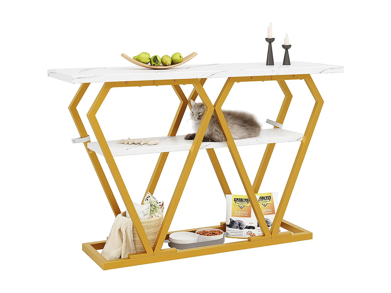 Table d'appoint (1) - 120 x 29,5 x 80 cm - Table de salle à manger, plateau en bois, plateau en marbre, blanc