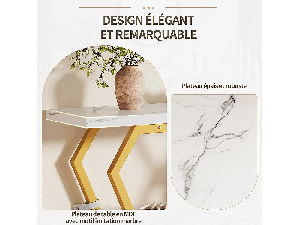 Table d'appoint (1) - 120 x 29,5 x 80 cm - Table de salle à manger, plateau en bois, plateau en marbre, blanc