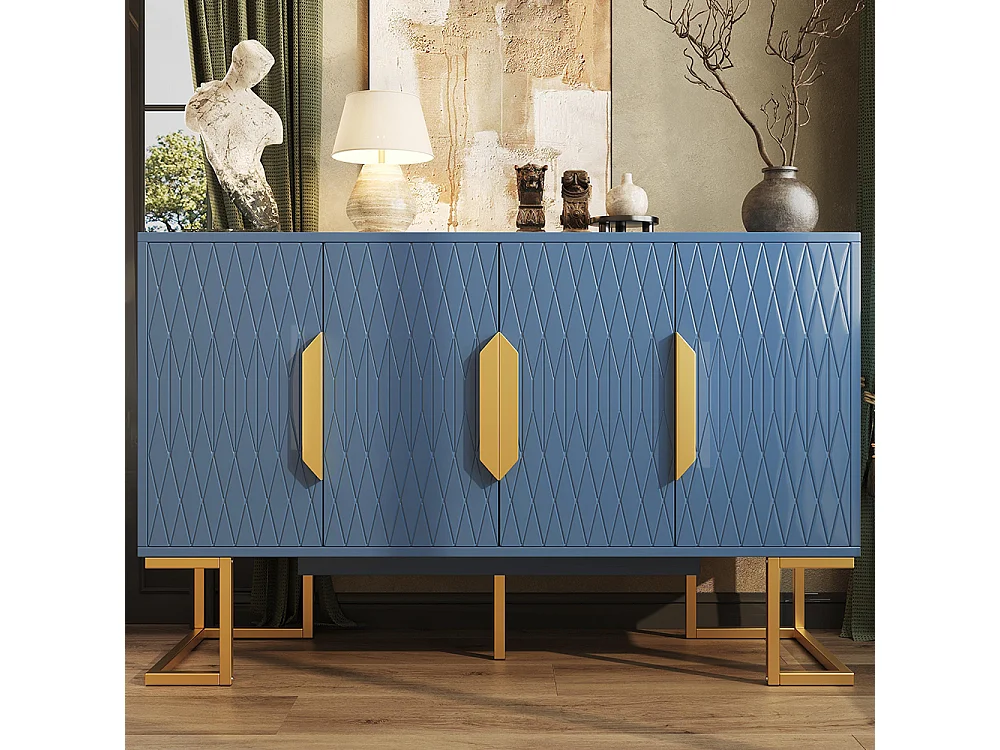 Aparador 140x40x80 cm, estilo contemporâneo, com quatro portas e duas prateleiras ajustáveis em altura, azul