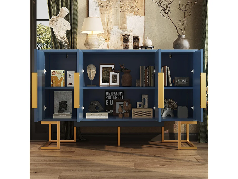 Aparador 140x40x80 cm, estilo contemporâneo, com quatro portas e duas prateleiras ajustáveis em altura, azul