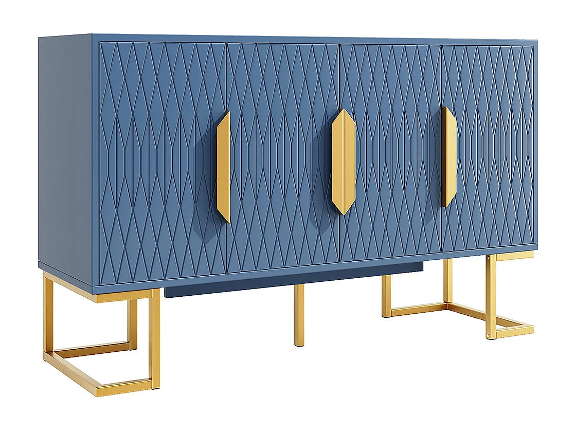 Aparador 140x40x80 cm, estilo contemporâneo, com quatro portas e duas prateleiras ajustáveis em altura, azul