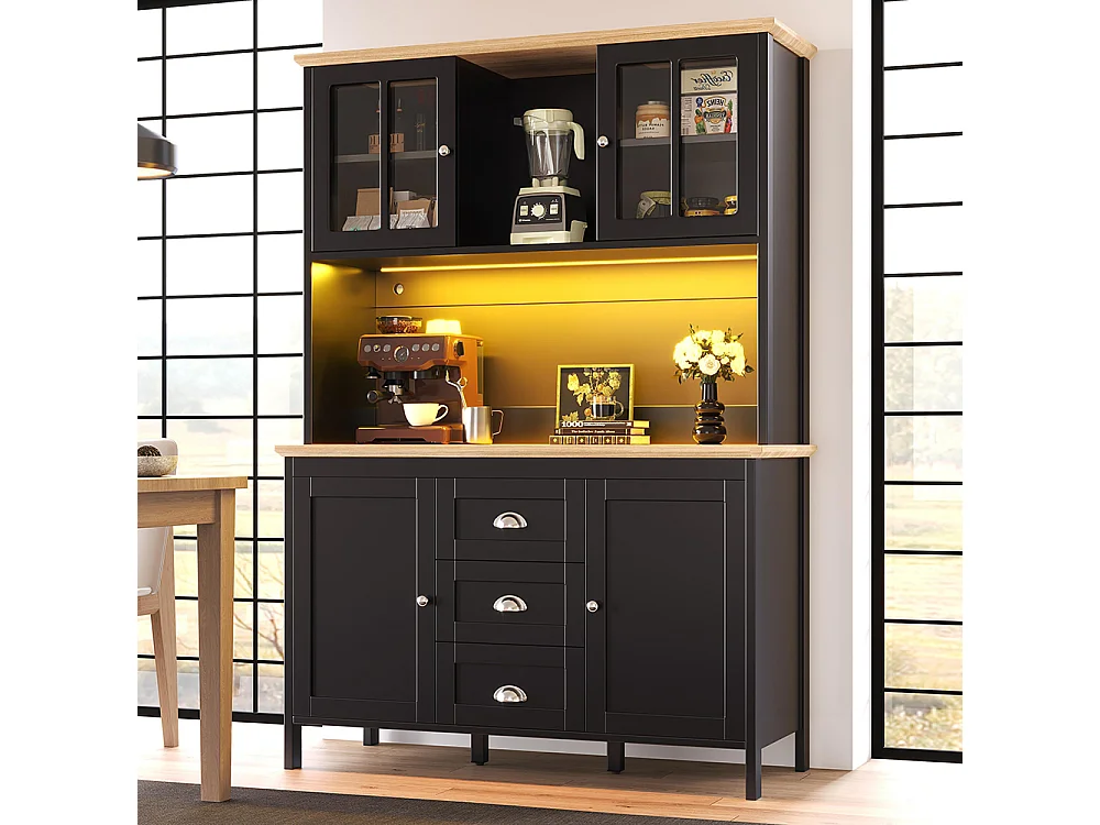 Buffet, armoire haute avec éclairage LED, 120x40x179 cm, 4 portes et 3 tiroirs, noir