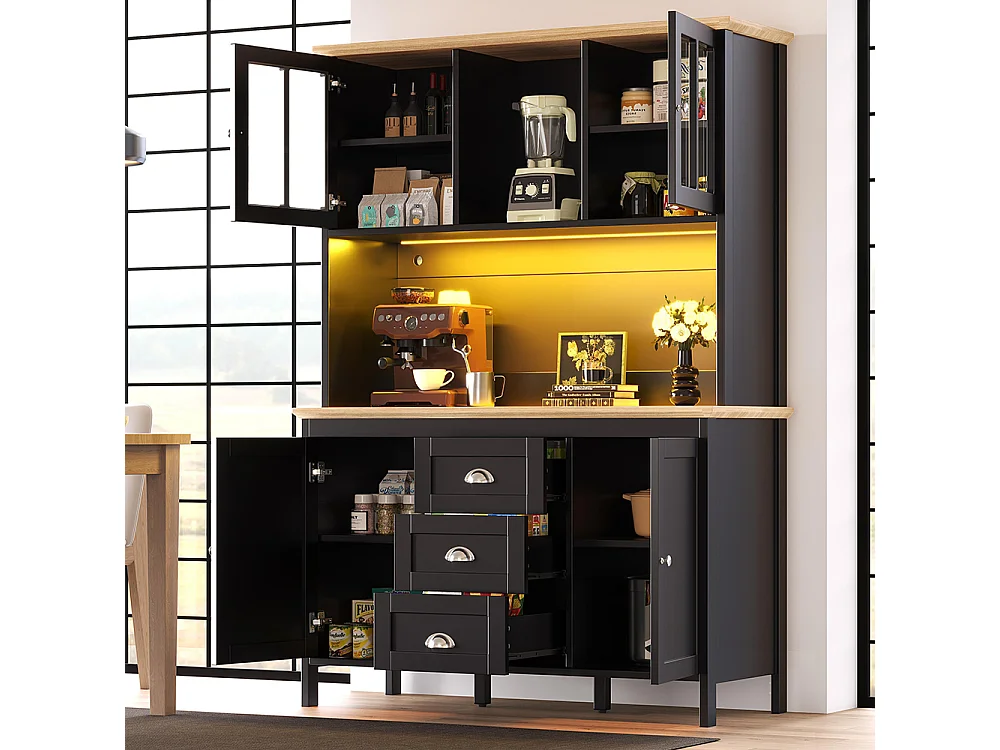 Buffet, armoire haute avec éclairage LED, 120x40x179 cm, 4 portes et 3 tiroirs, noir