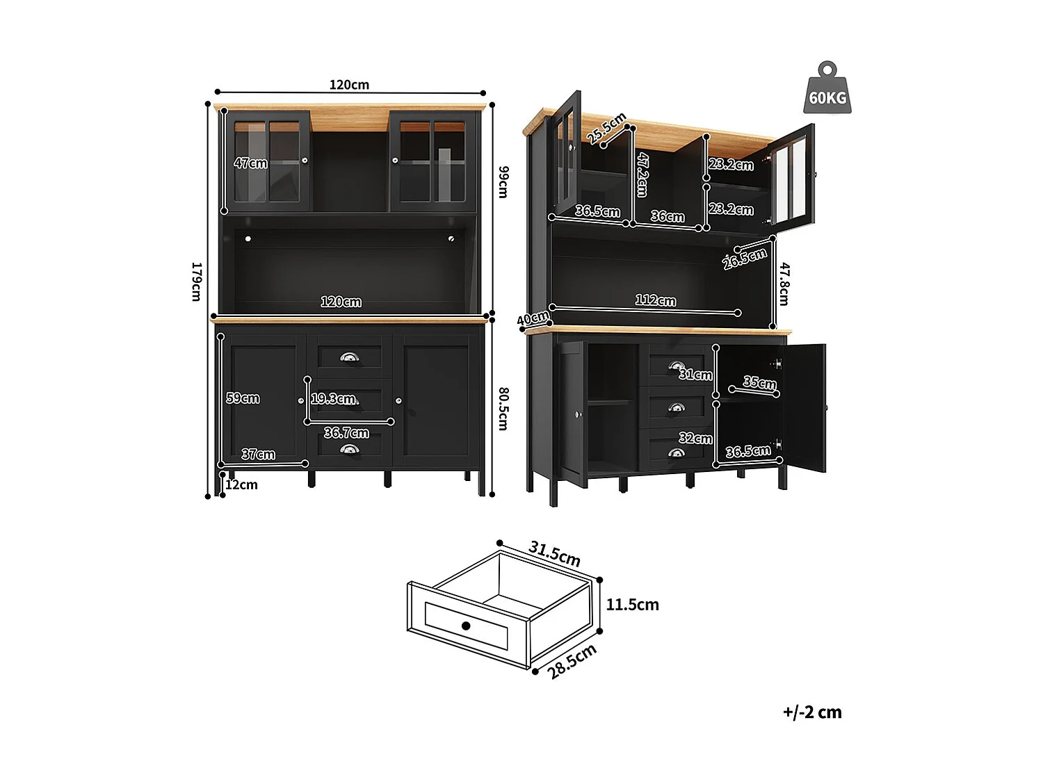 Buffet, armoire haute avec éclairage LED, 120x40x179 cm, 4 portes et 3 tiroirs, noir
