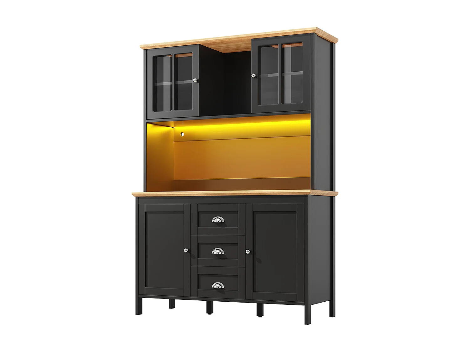 Buffet, armoire haute avec éclairage LED, 120x40x179 cm, 4 portes et 3 tiroirs, noir