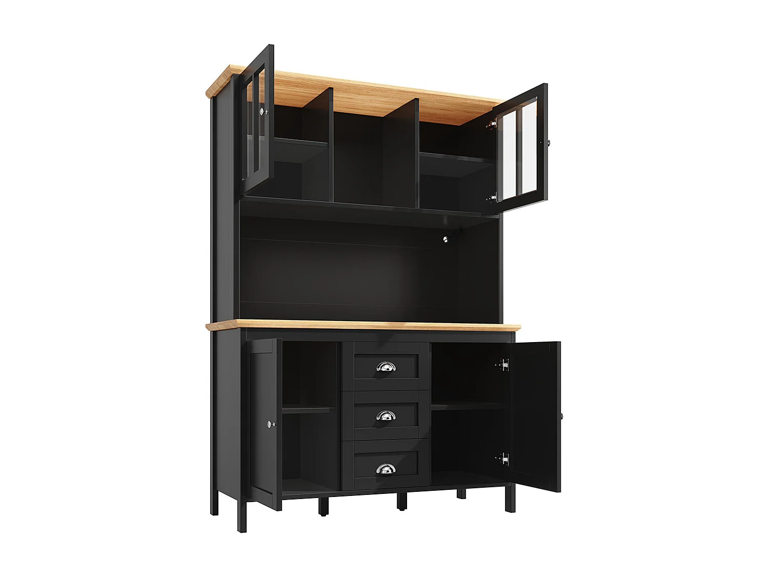 Buffet, armoire haute avec éclairage LED, 120x40x179 cm, 4 portes et 3 tiroirs, noir