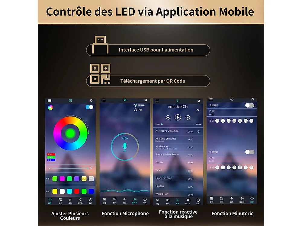 Buffet, armoire haute avec éclairage LED, 120x40x179 cm, 4 portes et 3 tiroirs, noir