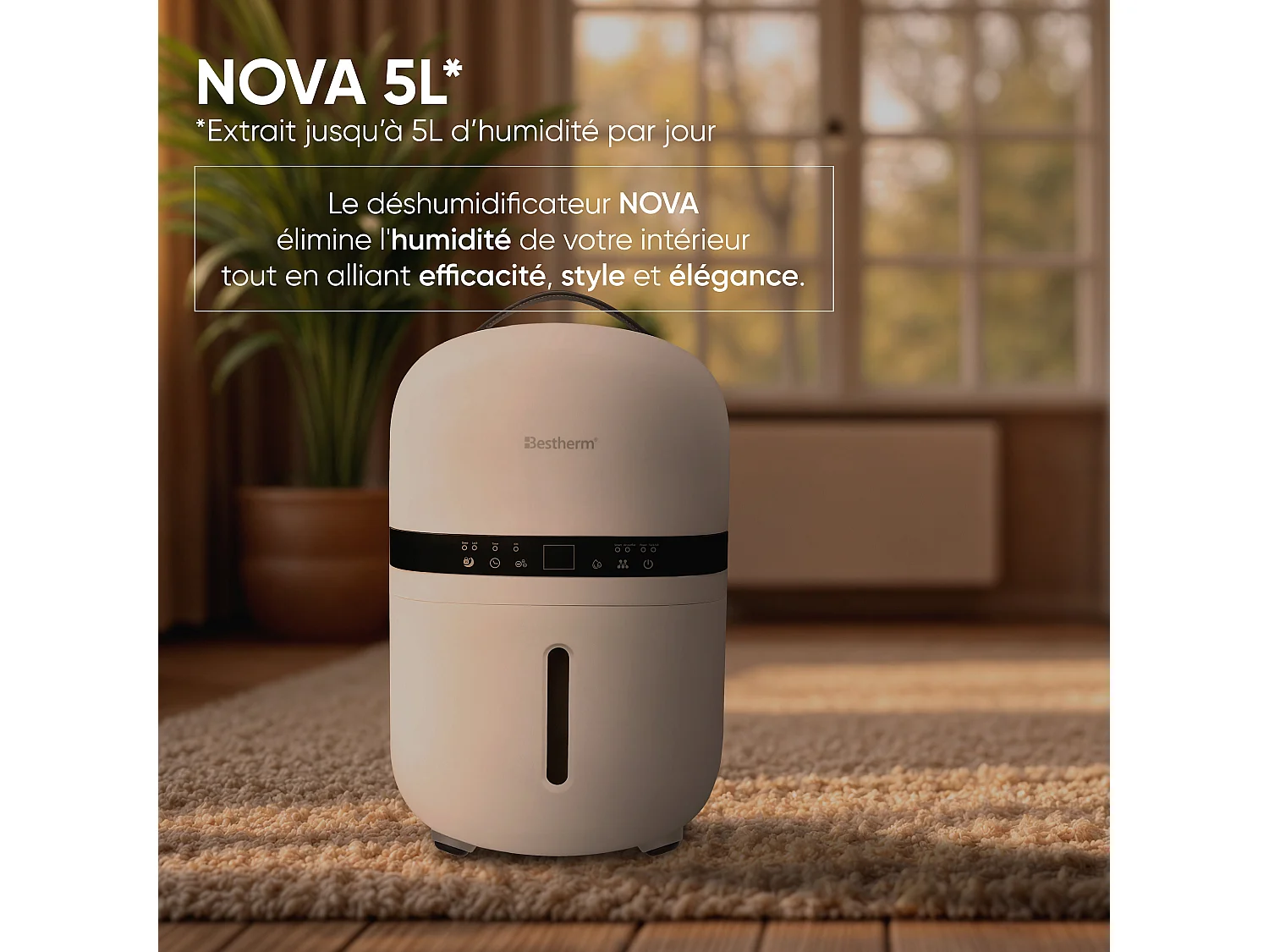 Déshumidificateur d'air BESTHERM - Nova 5L/jour, fonction purificateur d'air, filtre à charbon actif anti-odeurs, avec minuterie 24h