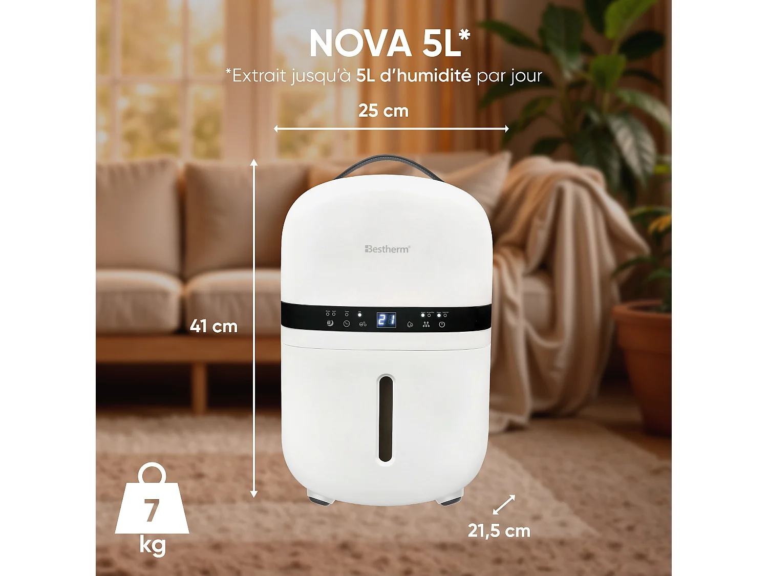 Déshumidificateur d'air BESTHERM - Nova 5L/jour, fonction purificateur d'air, filtre à charbon actif anti-odeurs, avec minuterie 24h