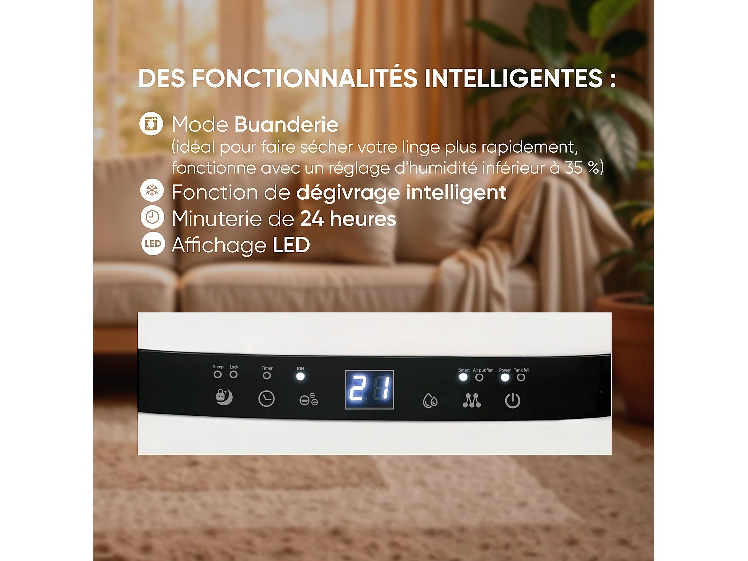 Déshumidificateur d'air BESTHERM - Nova 5L/jour, fonction purificateur d'air, filtre à charbon actif anti-odeurs, avec minuterie 24h