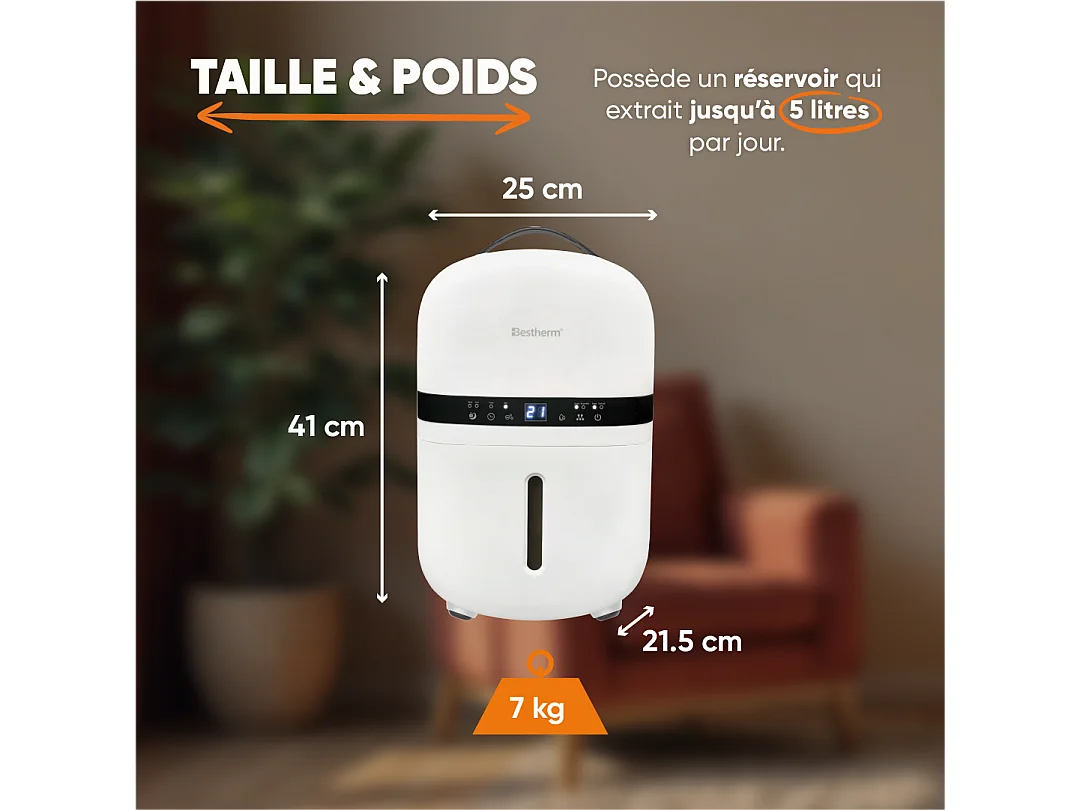 Déshumidificateur d'air BESTHERM - Nova 5L/jour, fonction purificateur d'air, filtre à charbon actif anti-odeurs, avec minuterie 24h