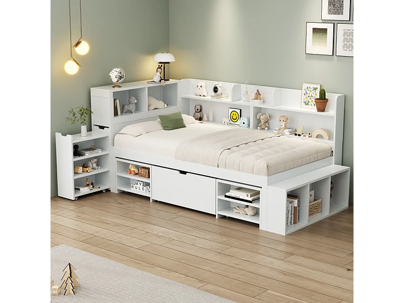 Cama infantil 90*190 cm, com gavetas, prateleiras e arrumação, estrado de ripas, branco