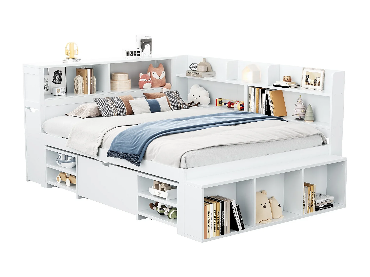 Cama infantil 135*190 cm, com gavetas, prateleiras e arrumação, estrado de ripas, branco