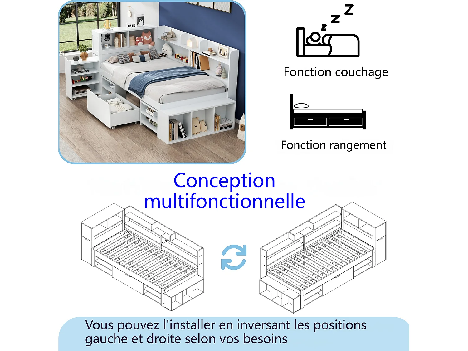 Cama infantil 135*190 cm, com gavetas, prateleiras e arrumação, estrado de ripas, branco
