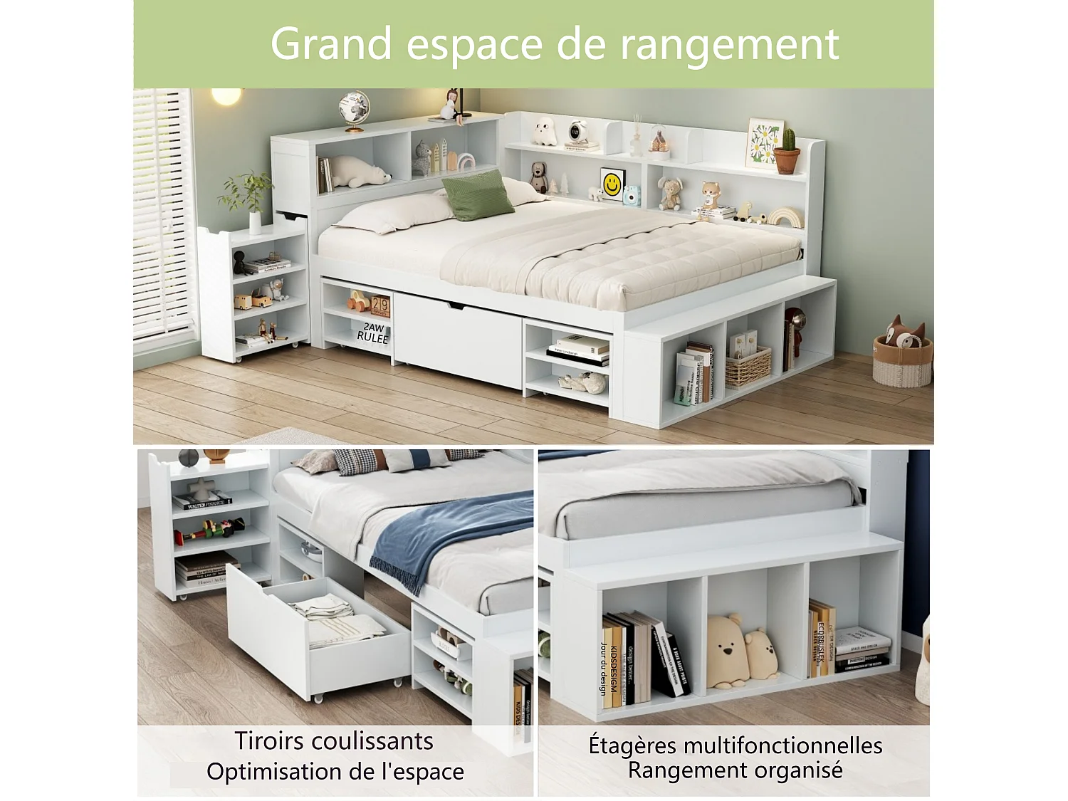 Cama infantil 135*190 cm, com gavetas, prateleiras e arrumação, estrado de ripas, branco