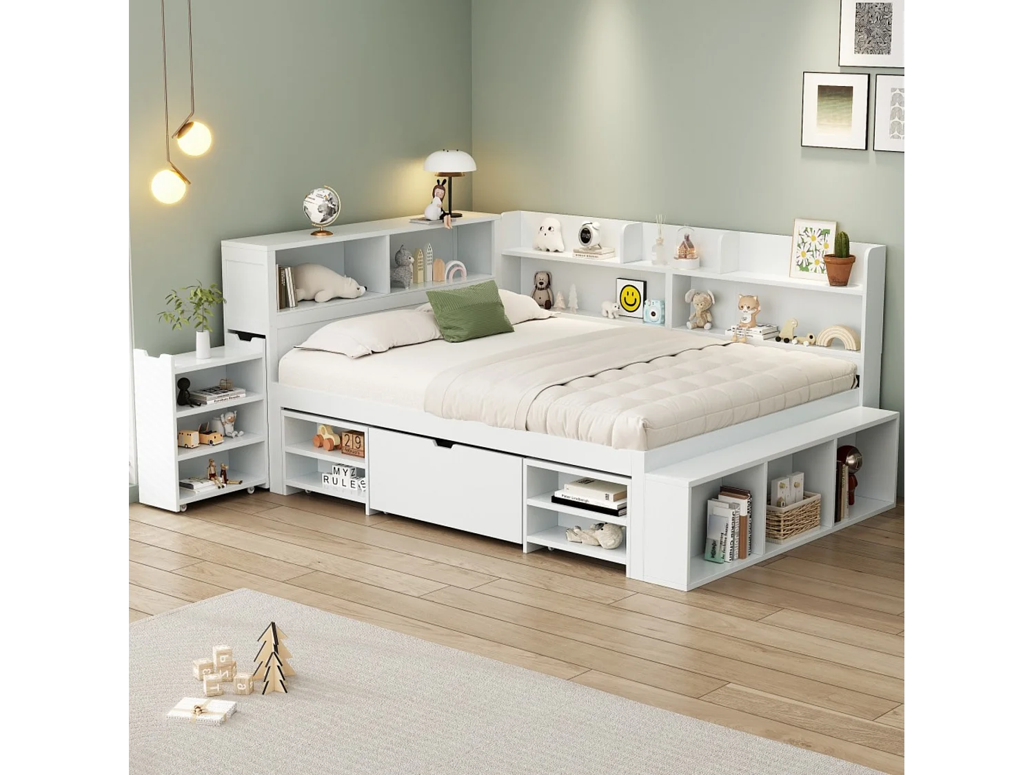 Cama infantil 135*190 cm, com gavetas, prateleiras e arrumação, estrado de ripas, branco