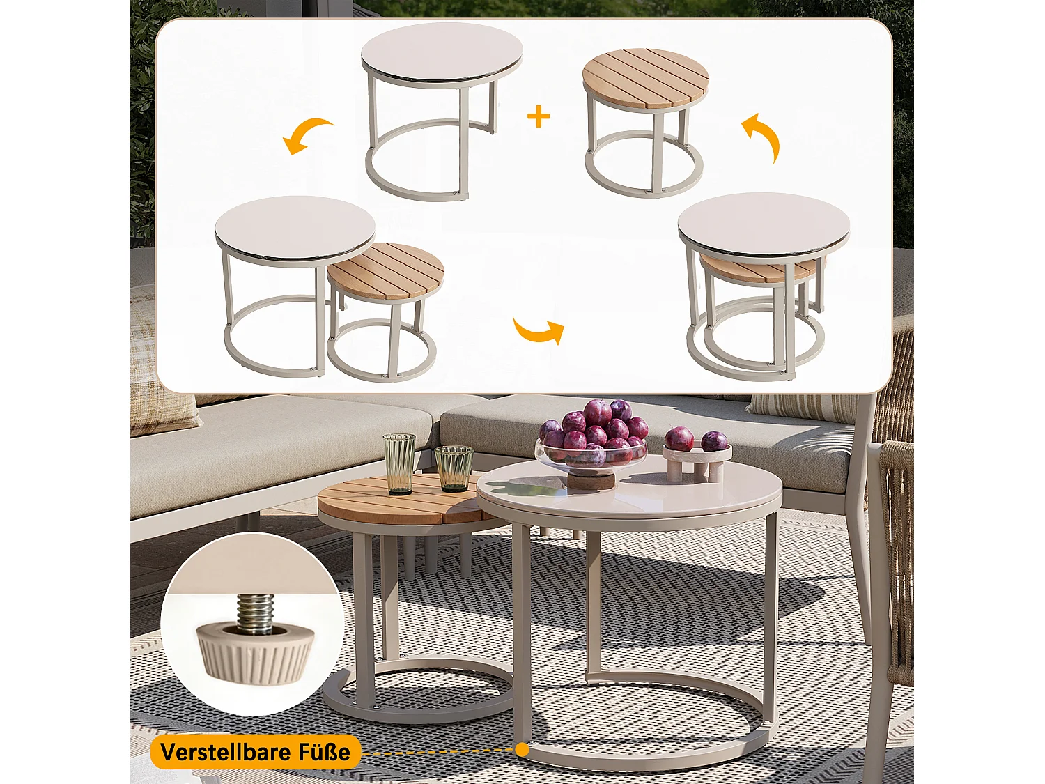 Tuinset voor 5-6 personen, PE-rotan met waterdichte bank en kussens, modulair, beige