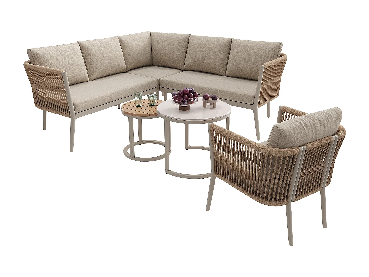 Tuinset voor 5-6 personen, PE-rotan met waterdichte bank en kussens, modulair, beige